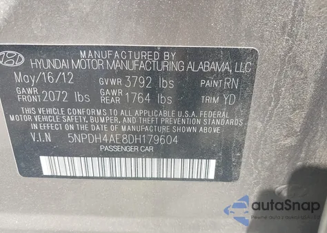 2013 Hyundai Elantra Gls из США, поврежденный, VIN 5NPDH4AE8DH179604